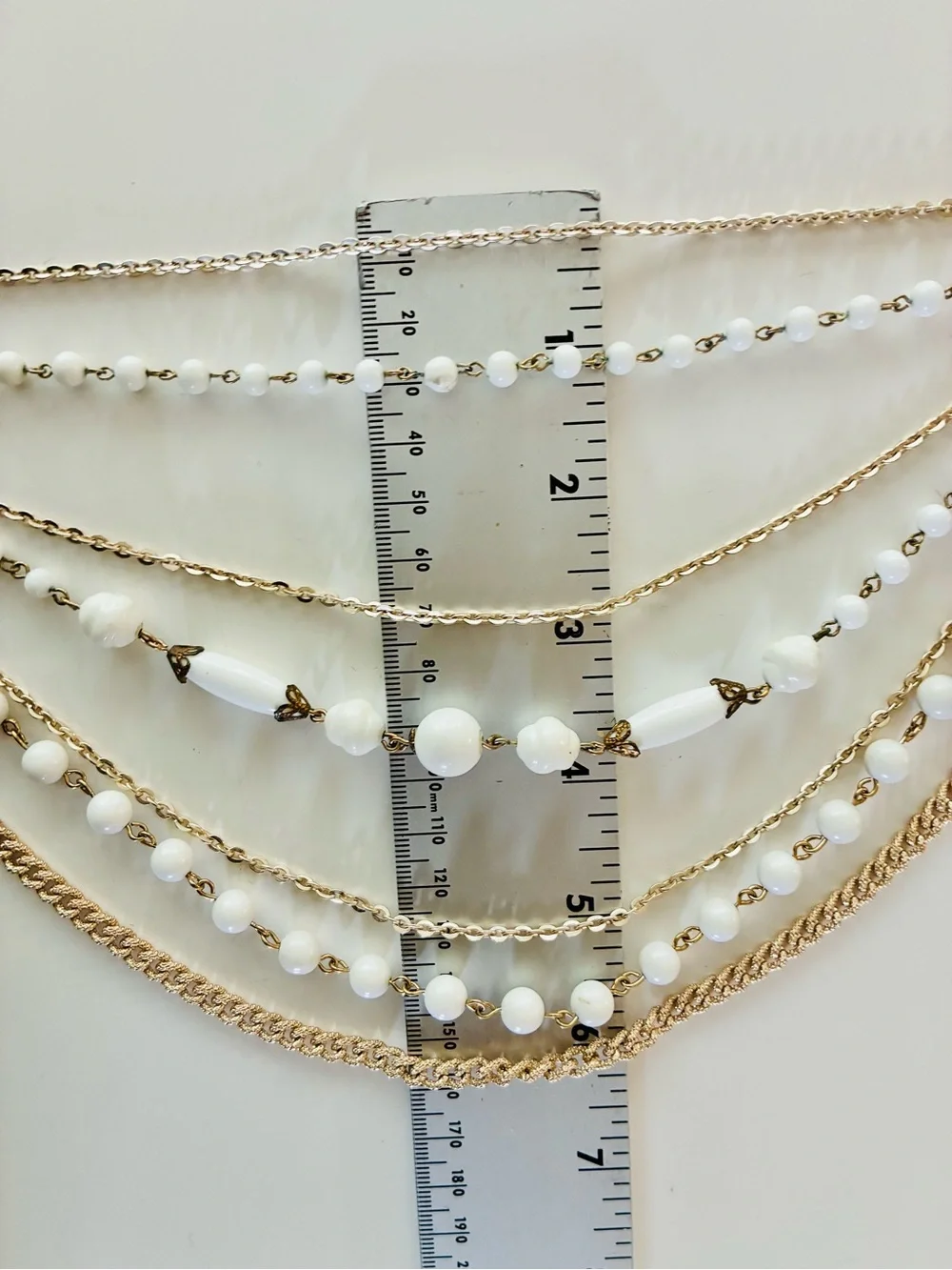Signed Multi-Strand White Bead and Gold Chain Statement Necklace MCM Retro EUC